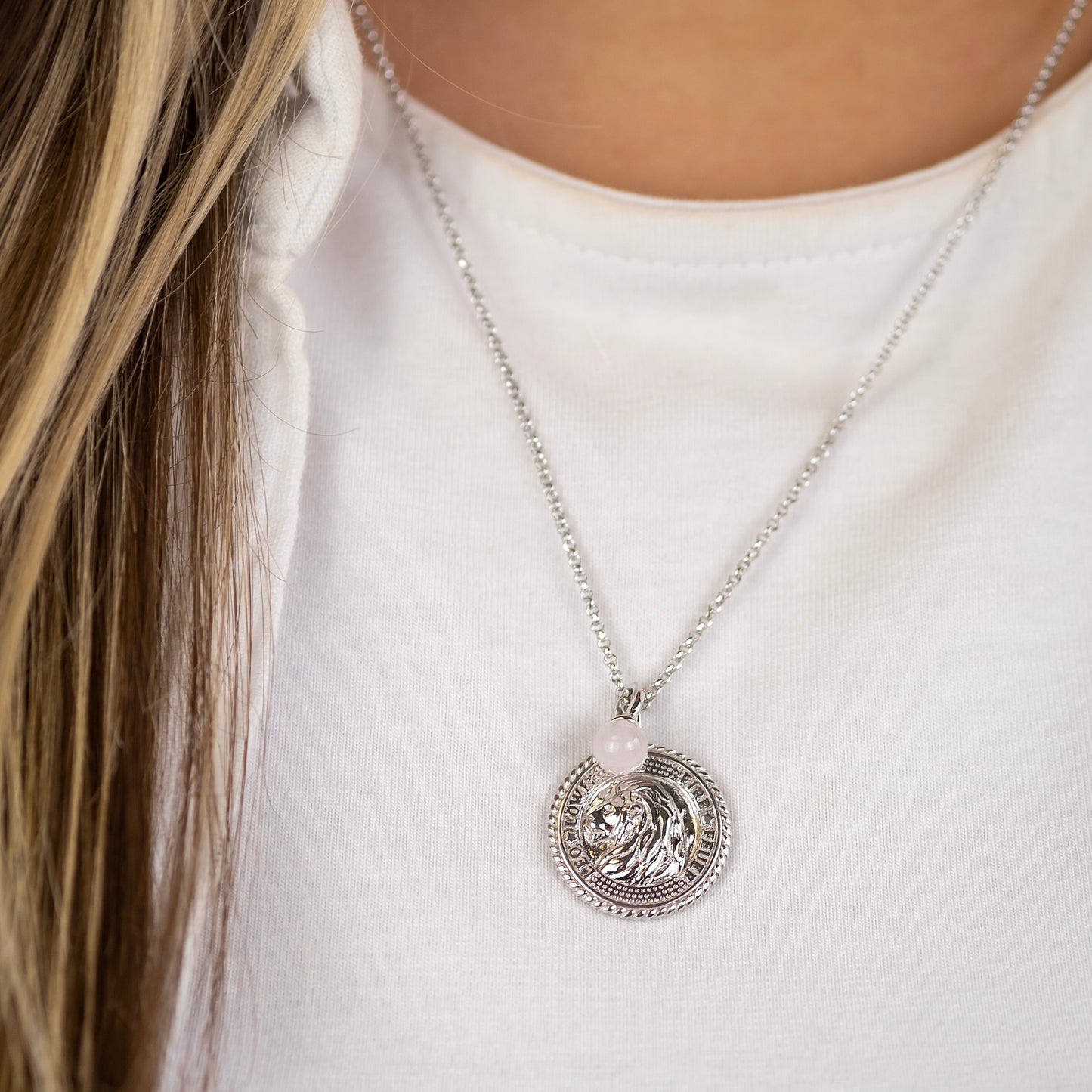 Halskette 925er Silber Löwe mit Kraftstein Rosenquarz und Zirkonia