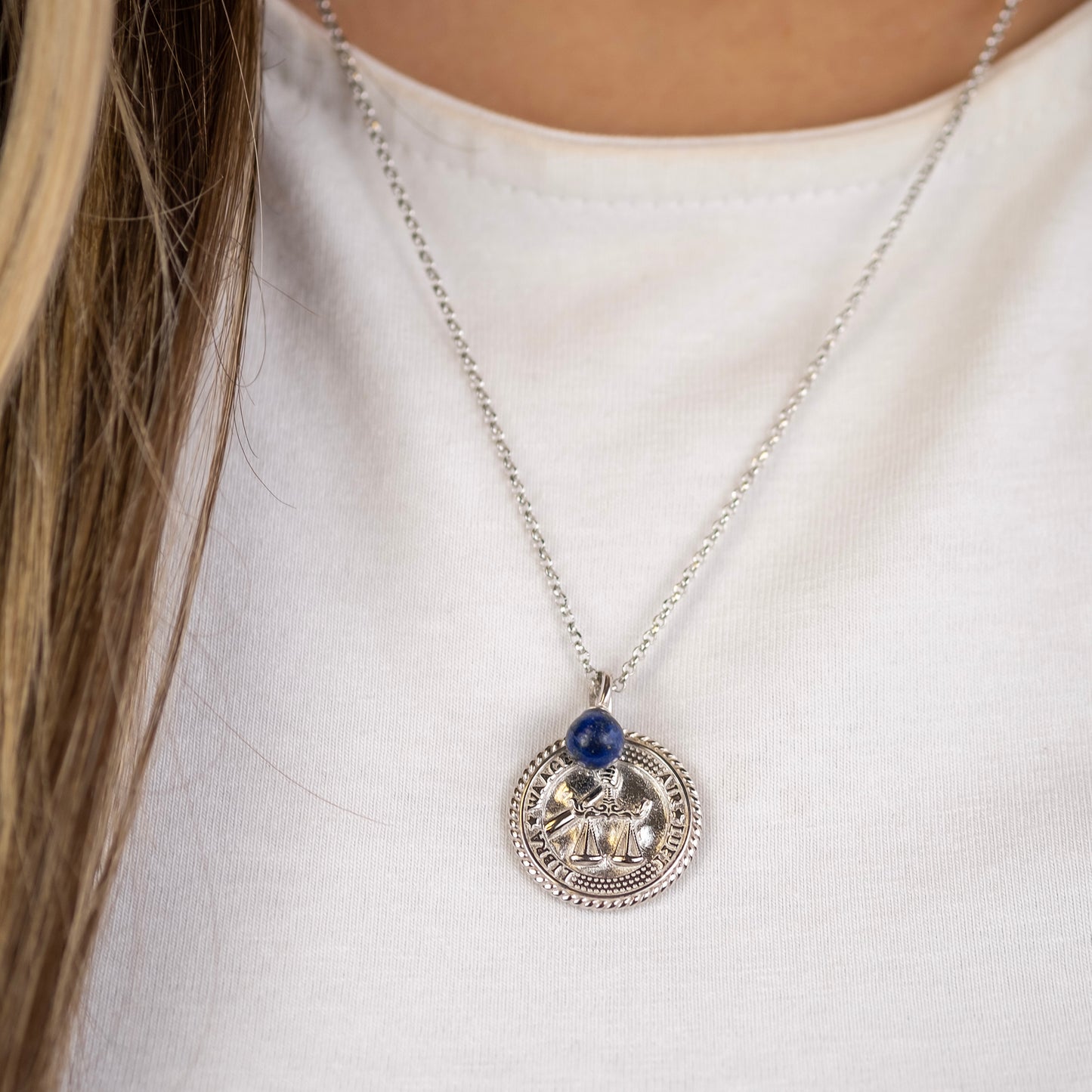 Halskette 925er Silber Waage mit Kraftstein Lapislazuli und Zirkonia