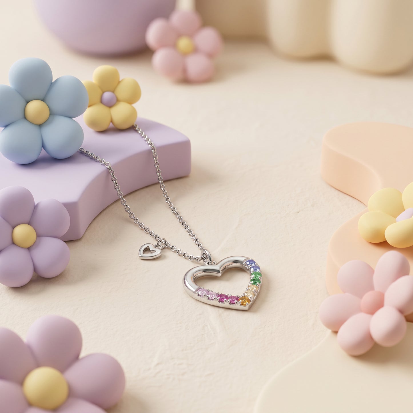 Kinder Halskette Edelstahl Herz mit Zirkonia multicolor