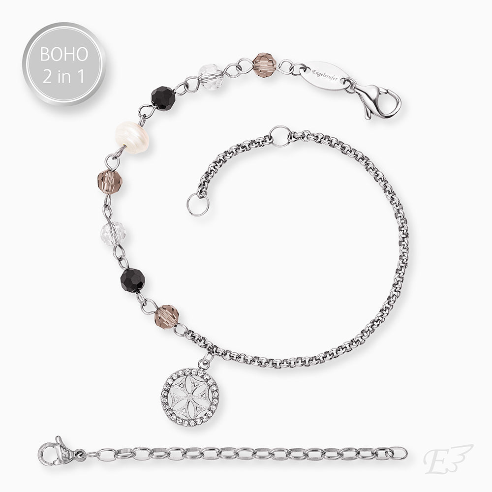 Duo 2 in 1: Armband Edelstahl BOHO Lebensblume mit Zirkonia Multicolor