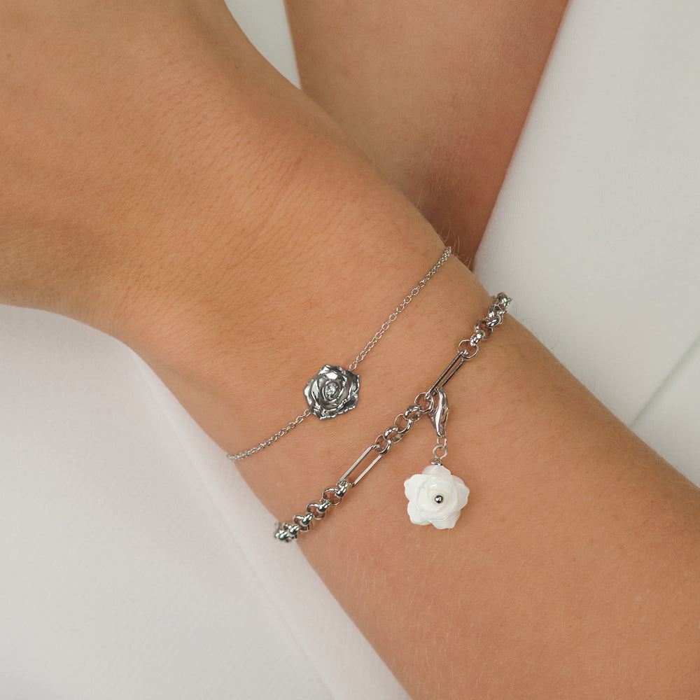 Charm 925er Silber Rose Perlmutt Weiß