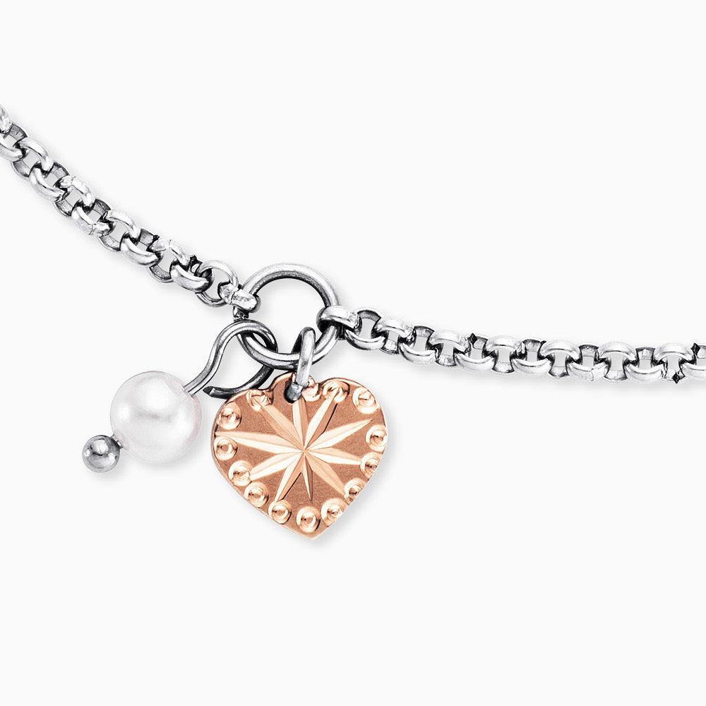 Fußkette Edelstahl Herz Bicolor mit Perle