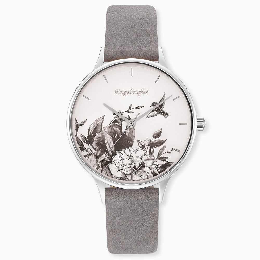 Uhr Edelstahl Blume Silber mit Nubuk Lederband Grau