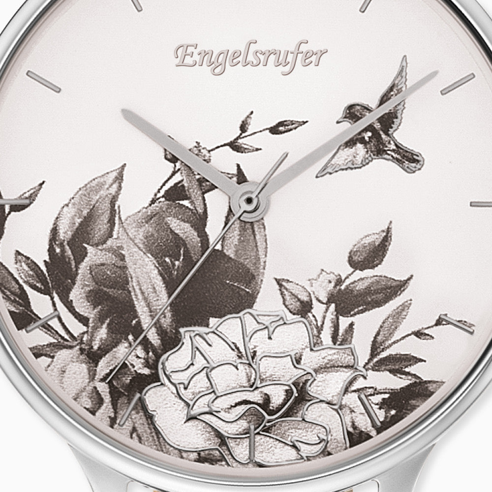 Uhr Edelstahl Blume Silber mit Nubuk Lederband Grau