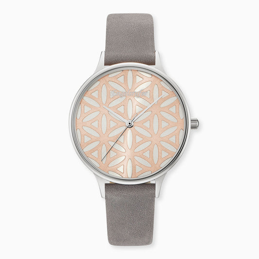 Uhr Edelstahl Lebensblume Bicolor mit Nubuk Lederband Grau
