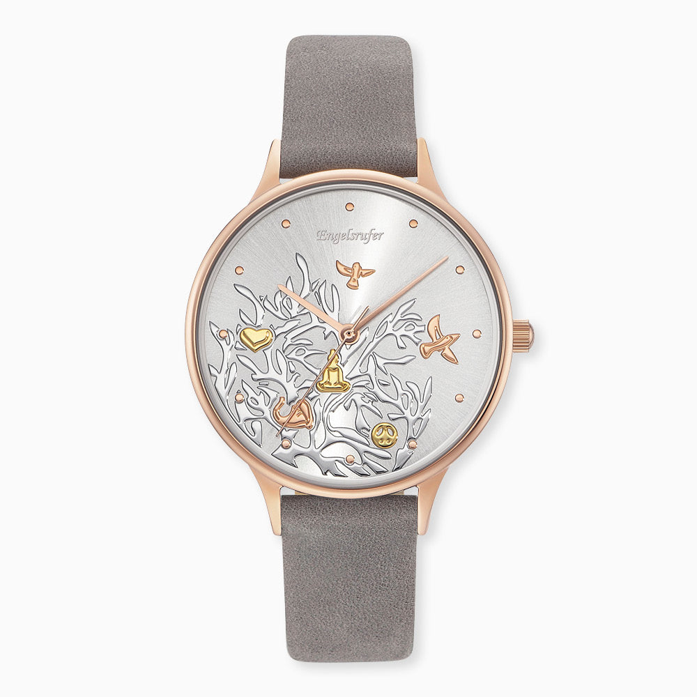 Engelsrufer Damenuhr Lebensbaum rosegold mit grauem Lederarmband (wechselbar)