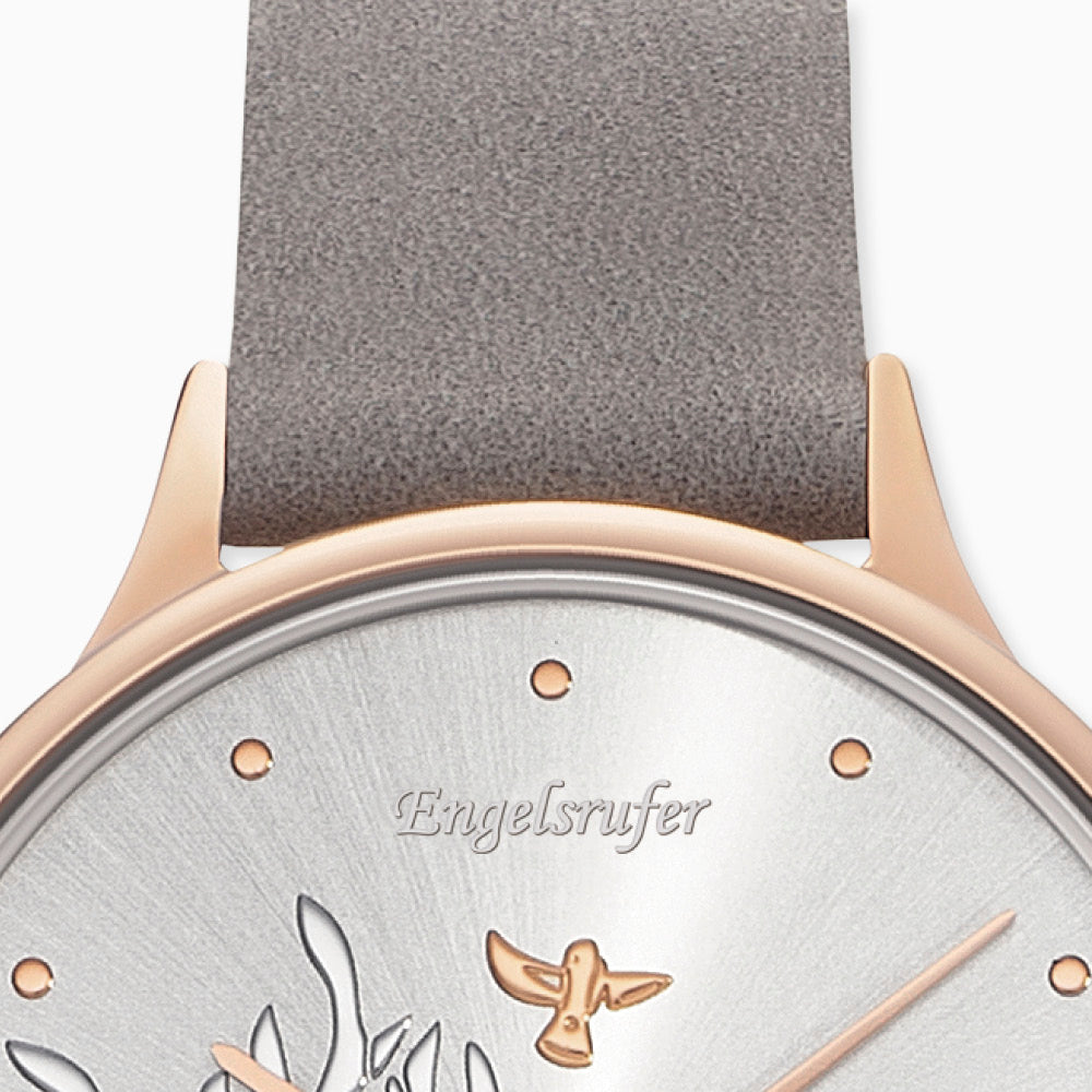 Engelsrufer Damenuhr Lebensbaum rosegold mit grauem Lederarmband (wechselbar)
