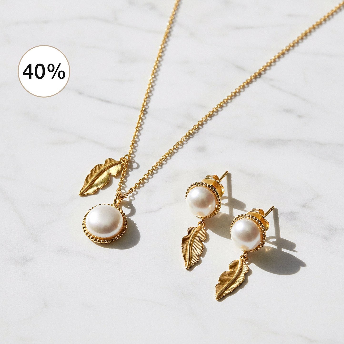 2er Schmuckset 925er Silber Halskette Ohrstecker mit Muschelkernperlen Gold