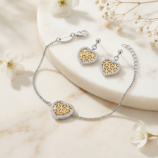 2er Schmuckset 925er Silber Armband Ohrstecker Herz Gold