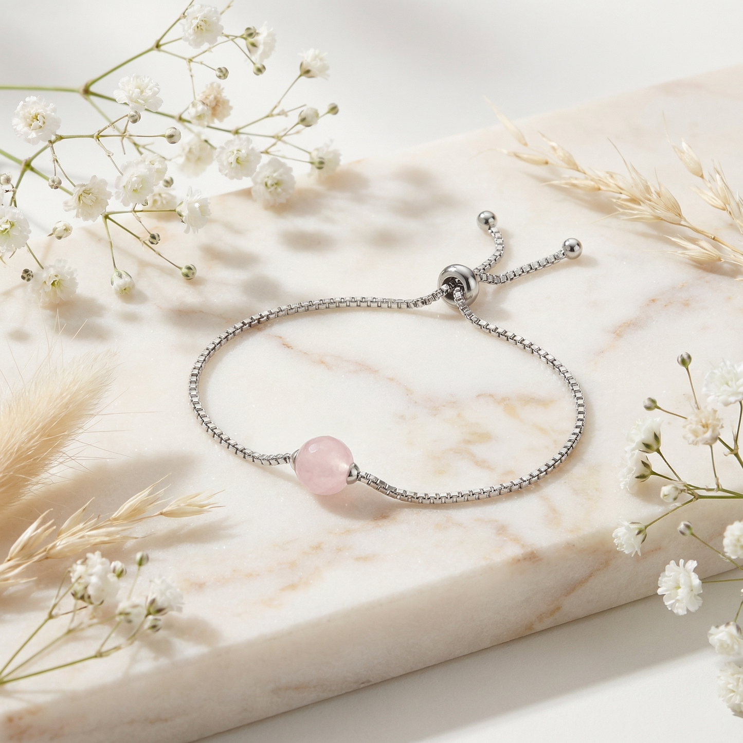 Armband 925er Silber mit Kraftstein Rosenquarz