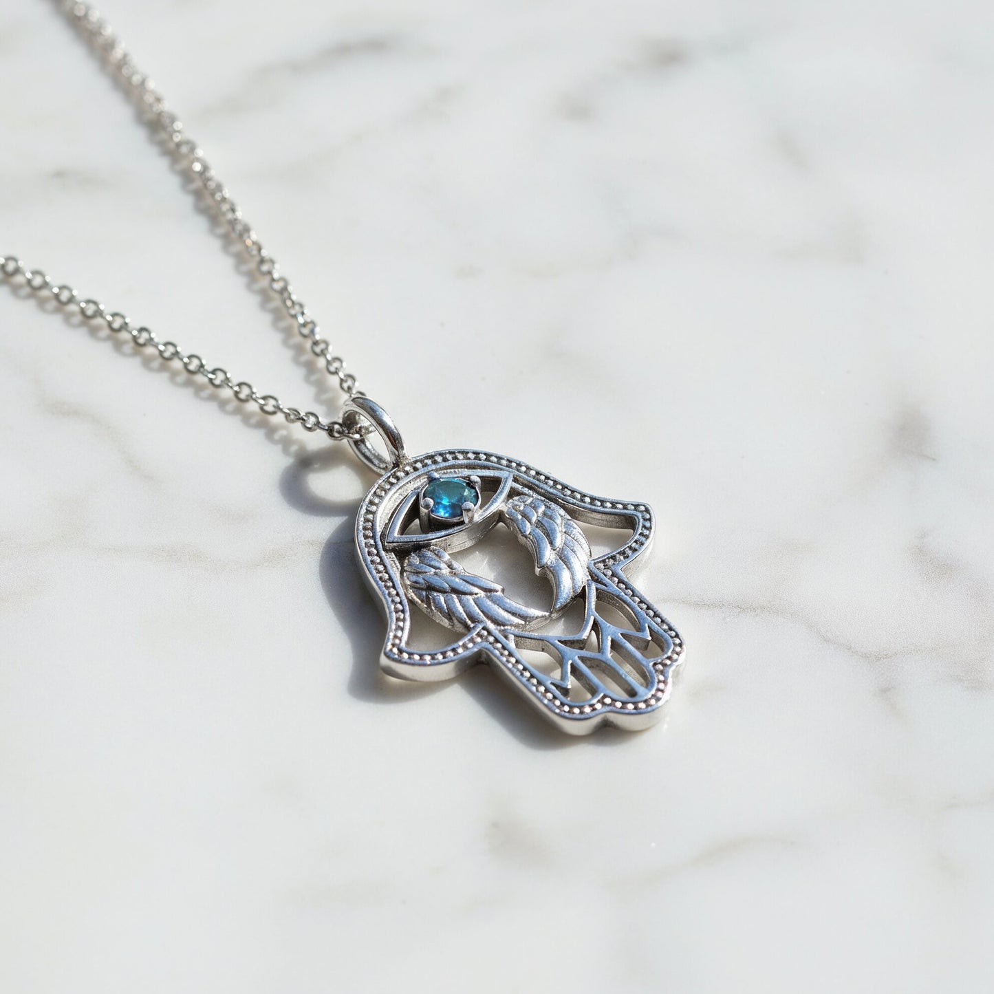 Halskette 925er Silber Hand Fatimas mit Zirkonia blau