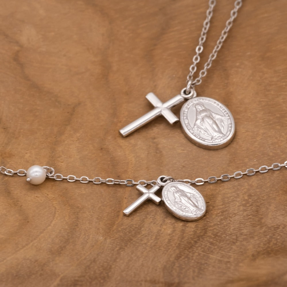 Engelsrufer Silberkette Damen mit Kreuz, Maria und Perle Anhänger