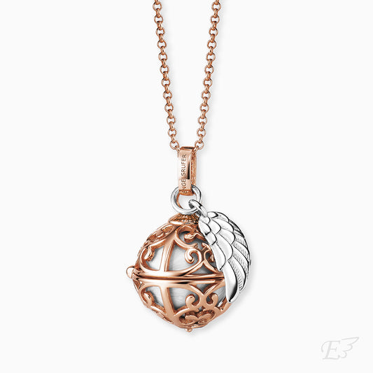 Engelsrufer women's necklace rosé with wing pendant and Chime in mother-of-pearl white in 45 + 5 cm