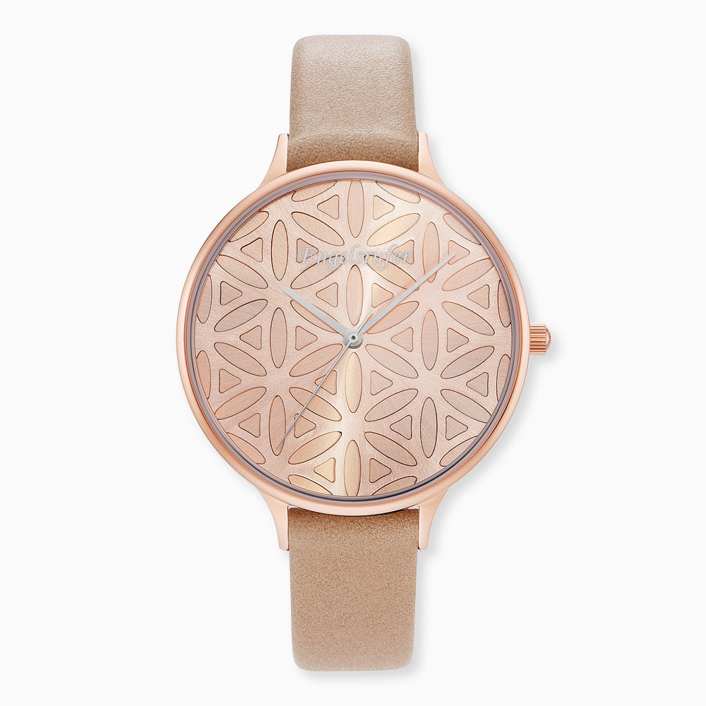 Engelsrufer women's watch Flower of Life rose gold with smooth leather strap light brown