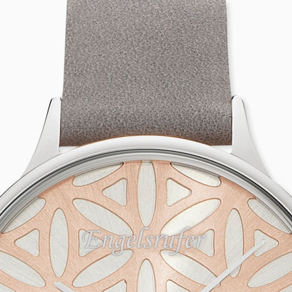 Engelsrufer women's watch silver flower of life with gray nubuck leather strap