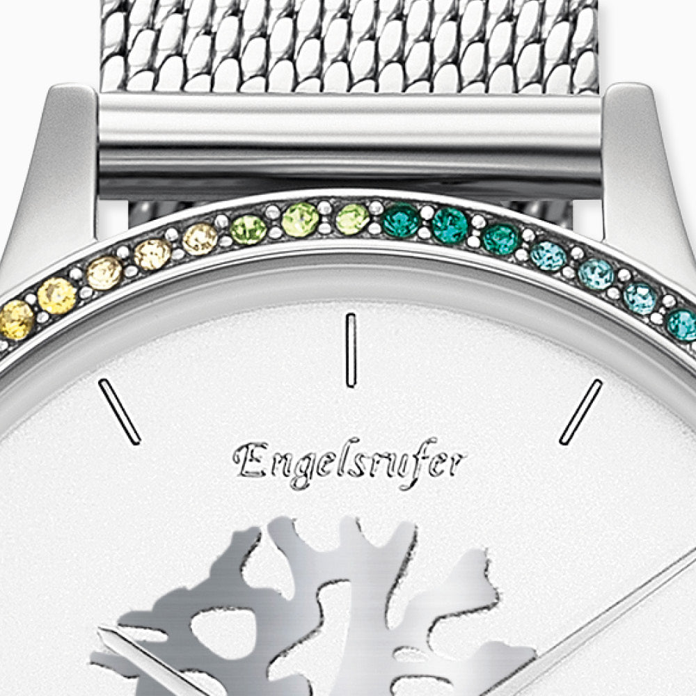 Engelsrufer Uhr Lebensbaum silber mit Zirkoniasteinen multicolor und Meshband silber