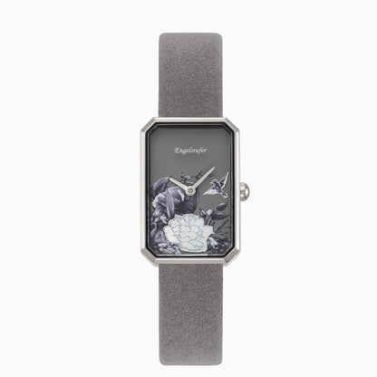 Set watch flower gray with silver mesh strap and heart bracelet