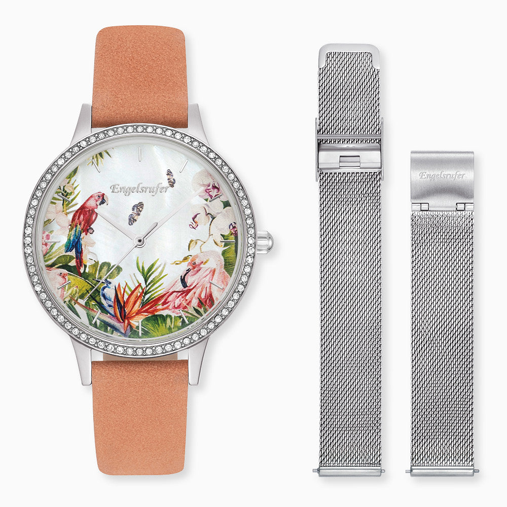 Set watch Paradise silver with zirconia nubuck leather coral and interchangeable mesh strap silver