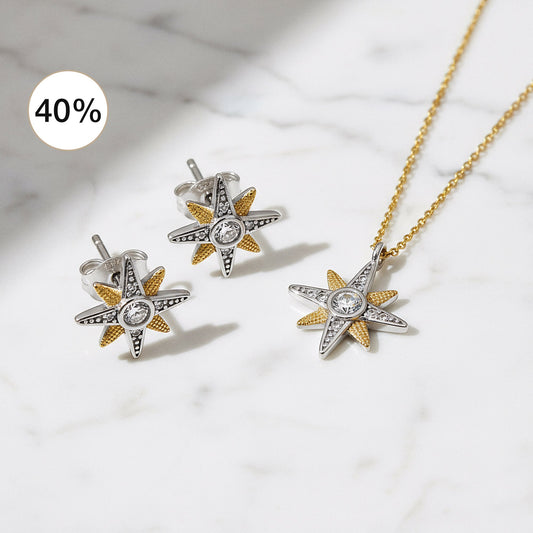 2er Schmuckset 925er Silber Halskette Creolen Newstar Gold